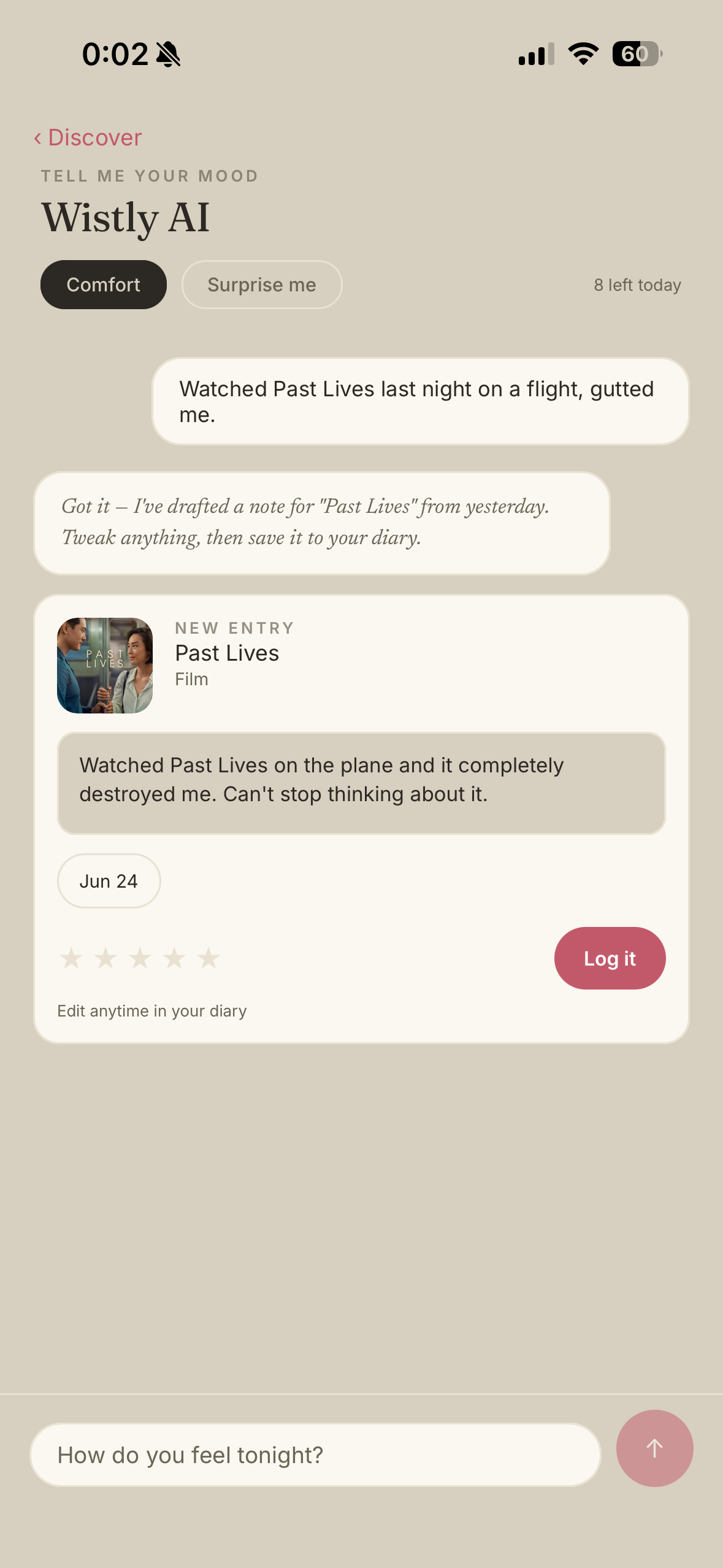 Wistly AI drafting a diary note from a single sentence
