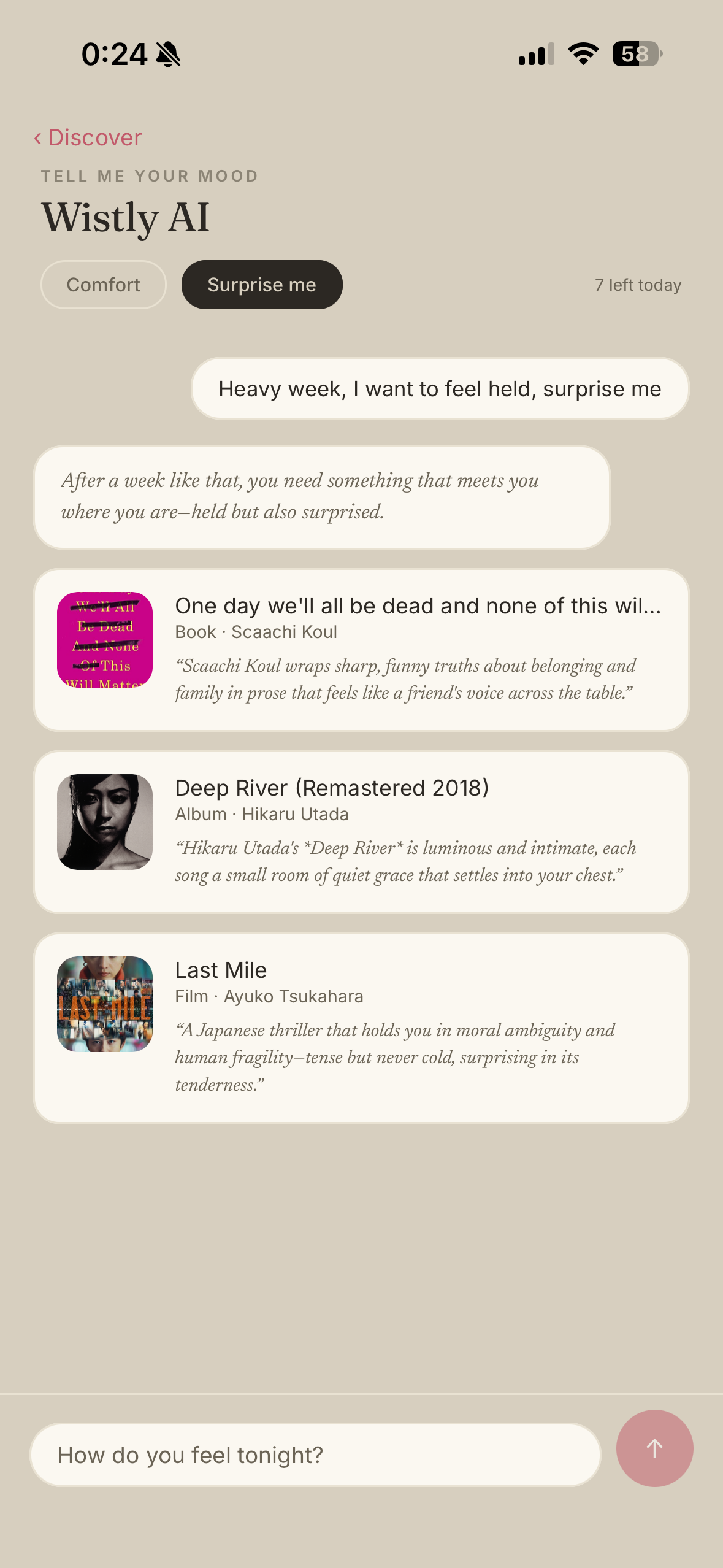 Wistly AI suggesting film, music and books from a mood, each with a reason